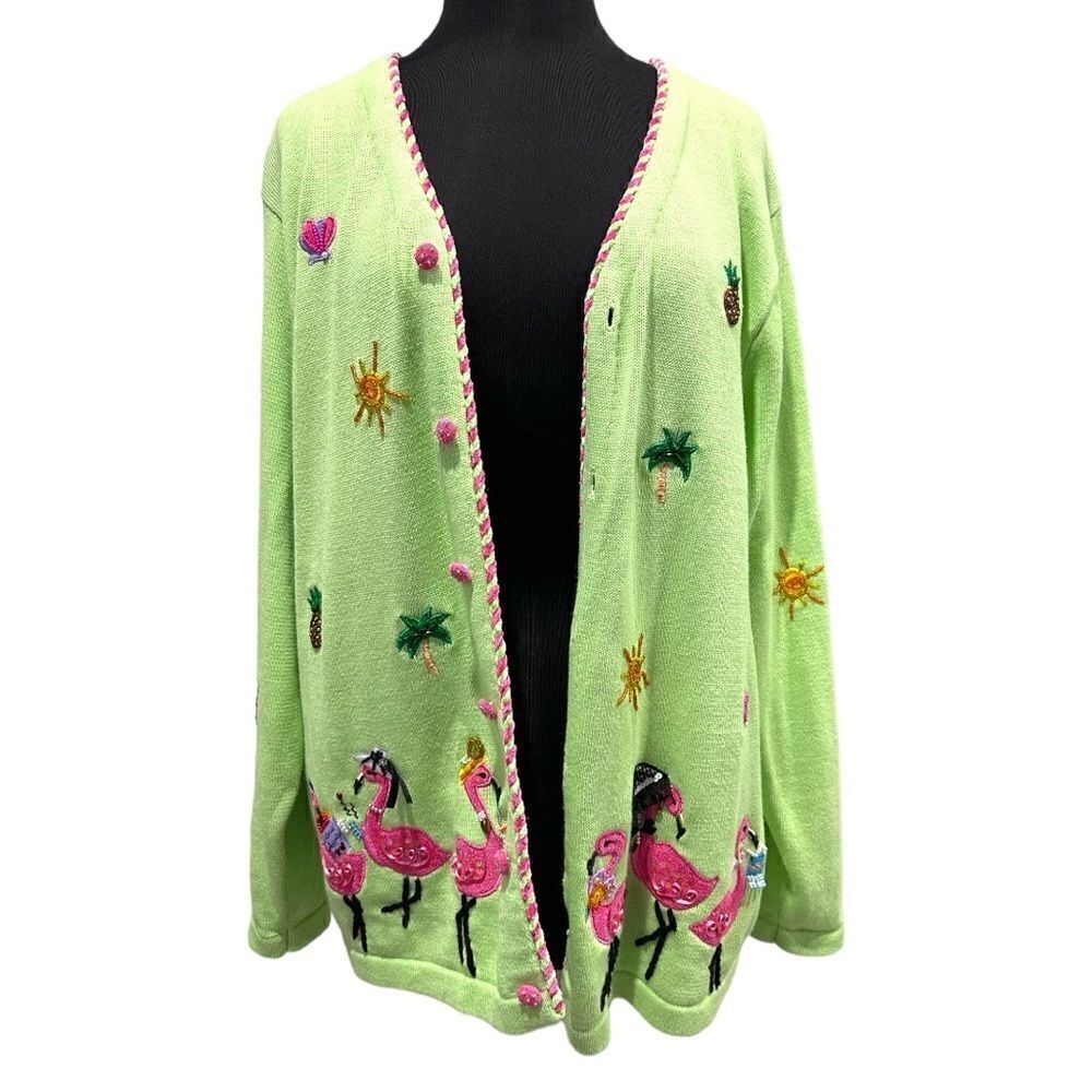 The Quacker Factory Shopping Flamingo Cardigan Sweater Sz L